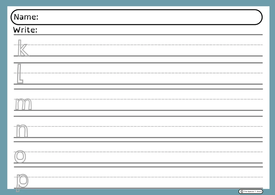 Alphabet handwriting practice sheet 7: lowercase k, l, m, n, o, and p models with space to copy each letter
