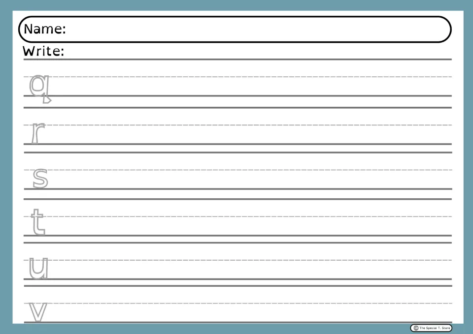 Alphabet handwriting practice sheet 8: lowercase q, r, s, t, u, and v models with space to copy each letter