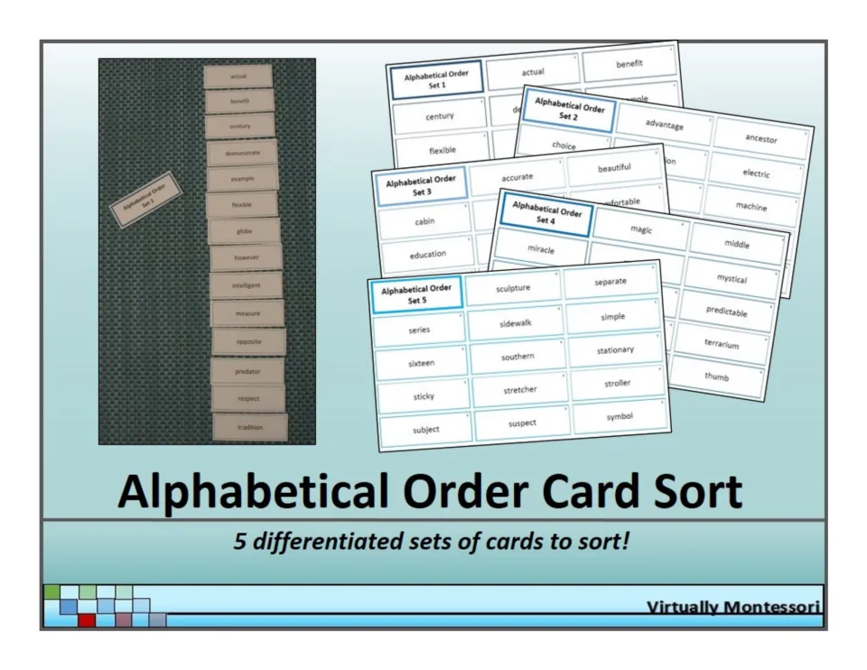 Alphabetical Order Card Sort cover: five differentiated sets of word cards to sort, with Set 1 shown laid out in order