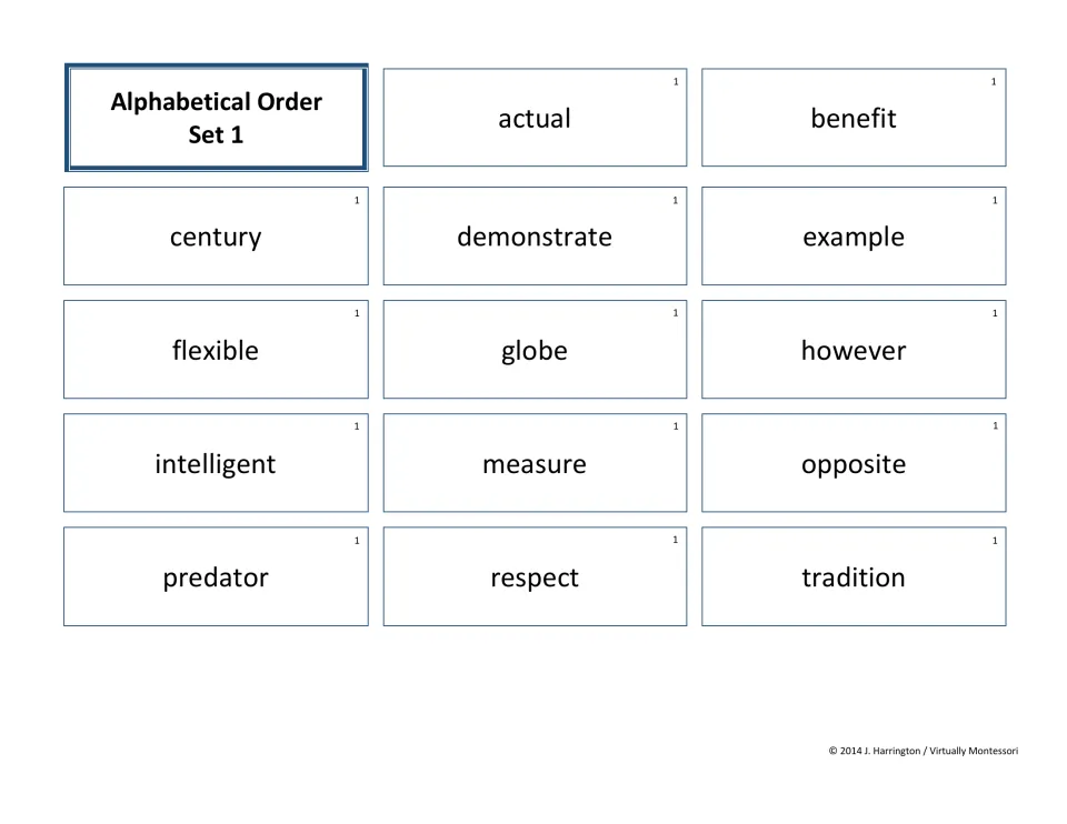 Alphabetizing by first letter: Set 1 heading card and 14 word cards, actual, benefit, century through tradition, to sort