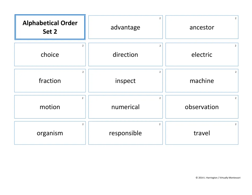 Alphabetical order Set 2: 14 word cards from advantage to travel; pairs like machine and motion need the second letter