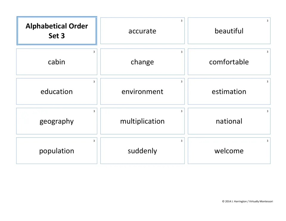 Alphabetical order Set 3: 14 word cards from accurate to welcome; cabin, change and comfortable sort by second letter