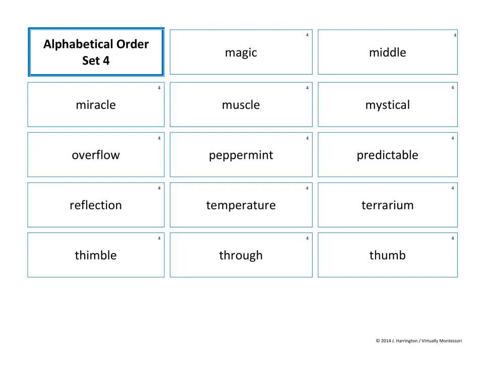 Set 4 alphabetizing cards: magic, middle, miracle, muscle, mystical and thimble, through, thumb sort by 2nd or 3rd letter
