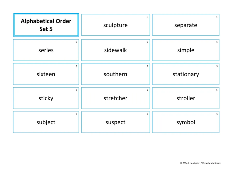 Set 5 alphabetizing cards: 14 s-words from sculpture to symbol, ordered by the second, third or fourth letter