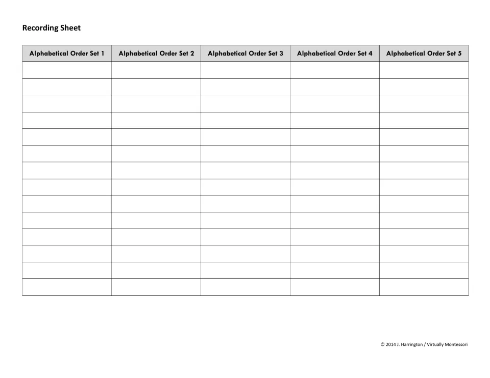 Recording sheet: students write each sorted word list in order under its heading, Alphabetical Order Set 1 through Set 5
