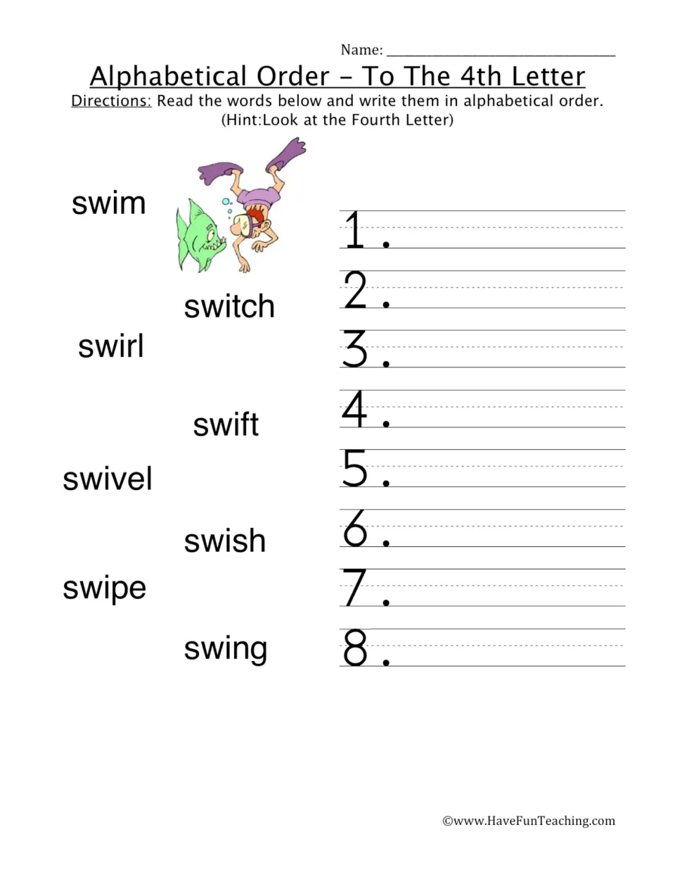Alphabetical order to the 4th letter: students write eight sw- words like swim, swift and swivel in order on lines 1-8
