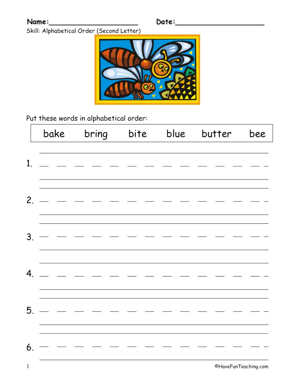 B words sorted by second letter: students write bake, bring, bite, blue, butter and bee in ABC order on six lines