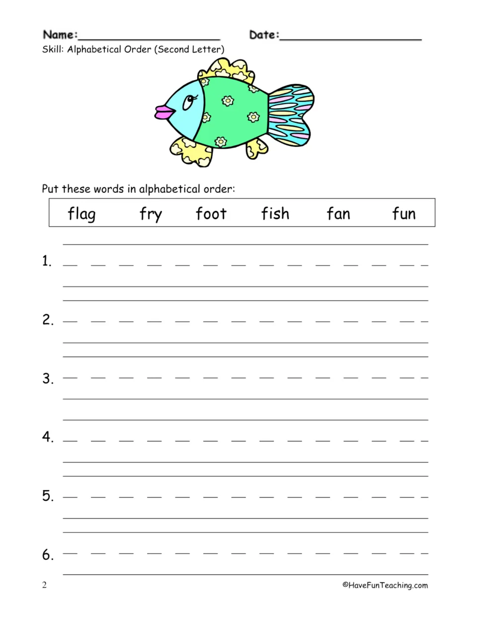 F words ranked by second letter: students alphabetise flag, fry, foot, fish, fan and fun, shown with a fish drawing