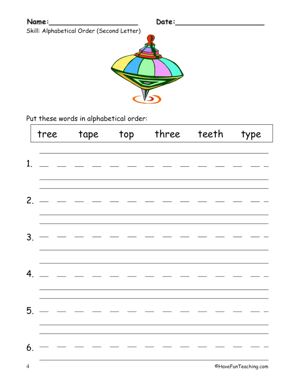T words ordered by second letter: tree, tape, top, three, teeth and type to sequence beside a spinning top picture