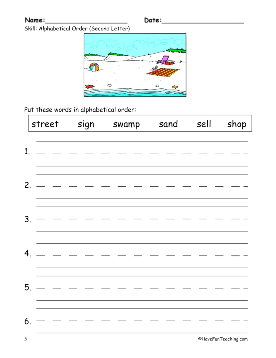 S words with a beach scene: students put street, sign, swamp, sand, sell and shop in order using the second letter