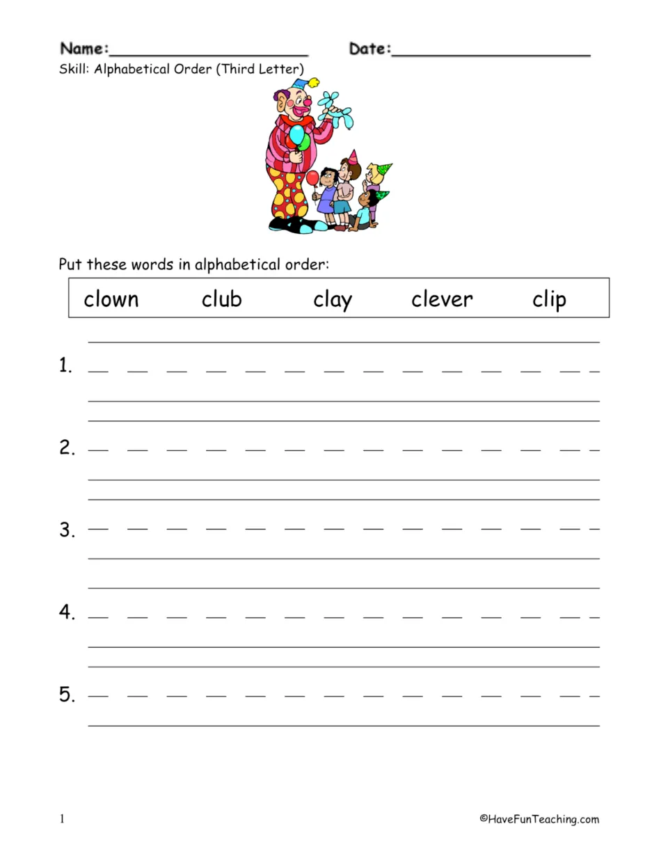 Third-letter alphabetizing with cl- words: students write clown, club, clay, clever and clip in order on 5 lines