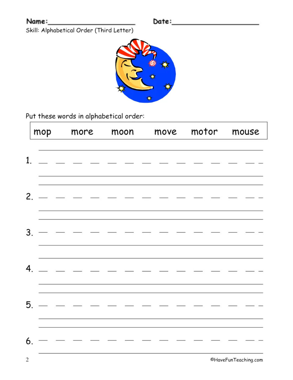 Alphabetizing mo- words by third letter: students order mop, more, moon, move, motor and mouse on 6 numbered lines