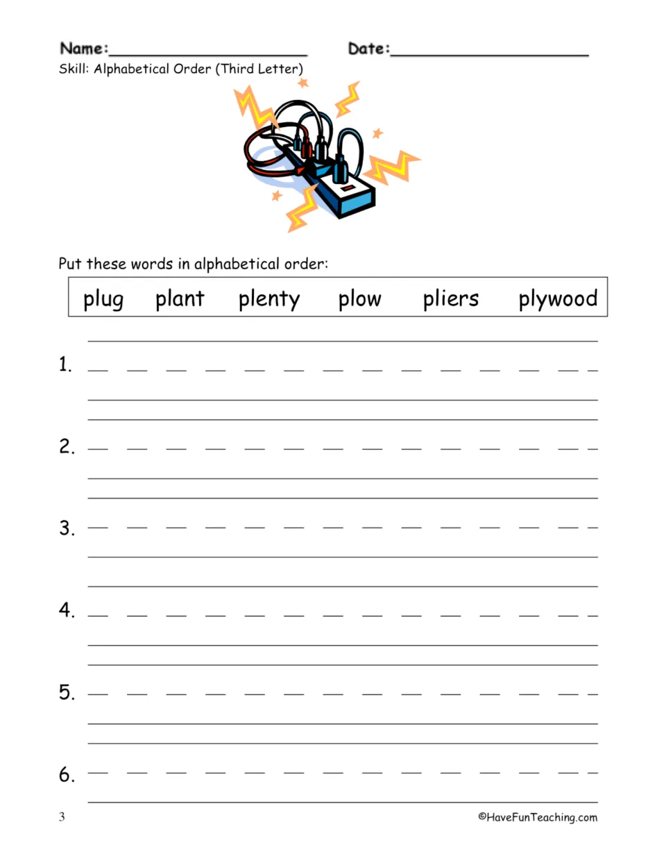 Third-letter sorting of pl- words: students list plug, plant, plenty, plow, pliers and plywood in alphabetical order