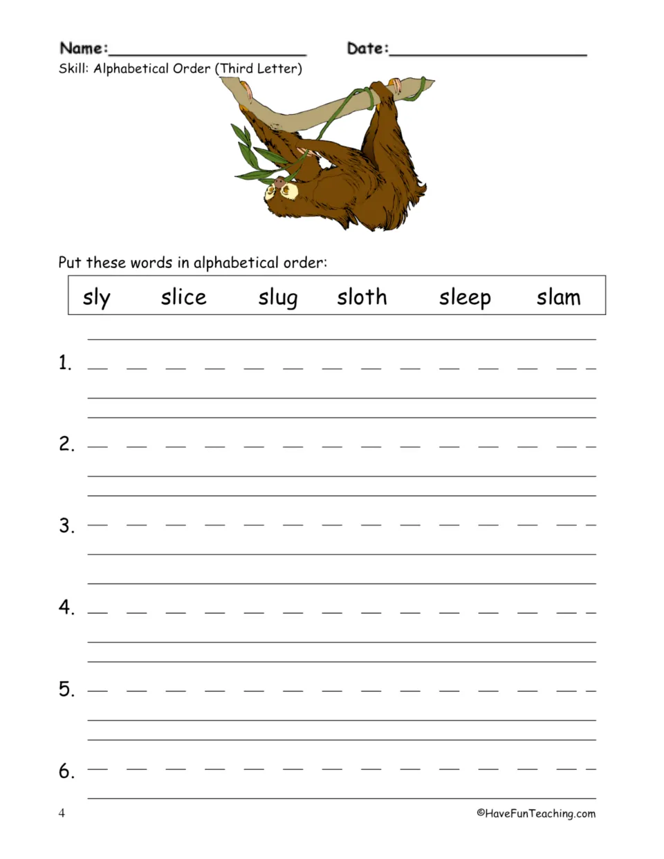 Alphabetical order by third letter with sl- words: students arrange sly, slice, slug, sloth, sleep and slam