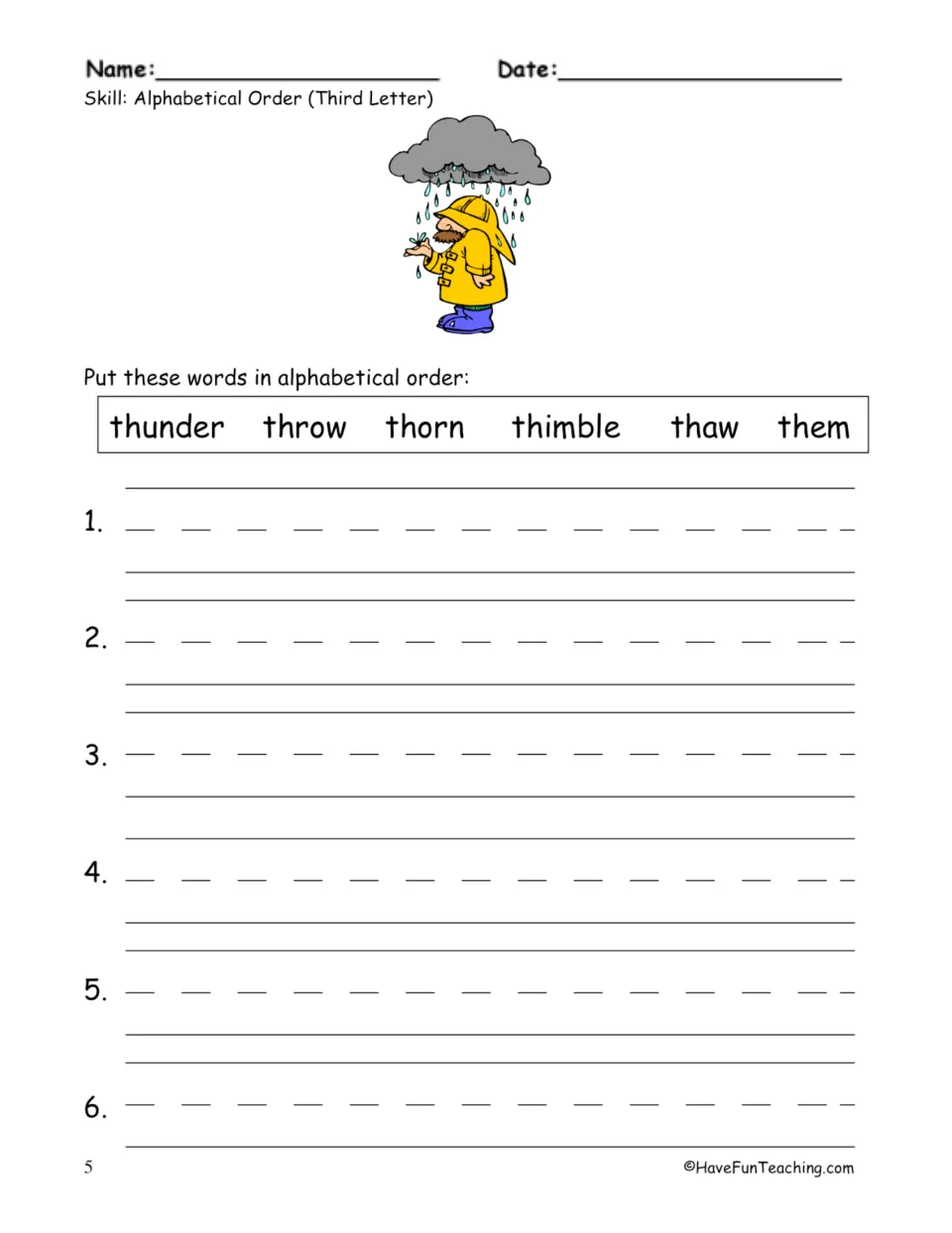 Ordering th- words by their third letter: students alphabetize thunder, throw, thorn, thimble, thaw and them