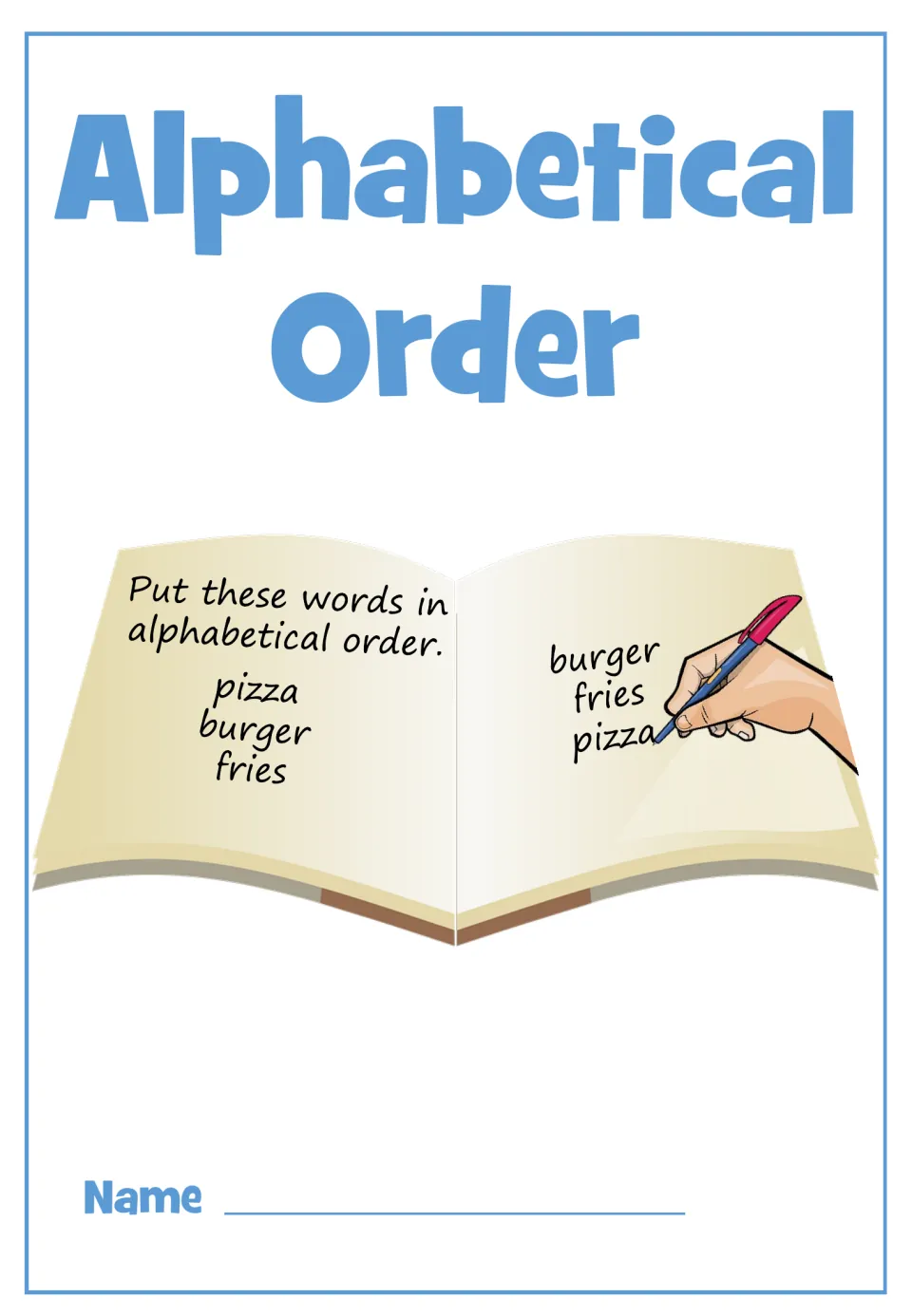 Alphabetical Order cover: an open book shows pizza, burger, fries rewritten as burger, fries, pizza, with a name line