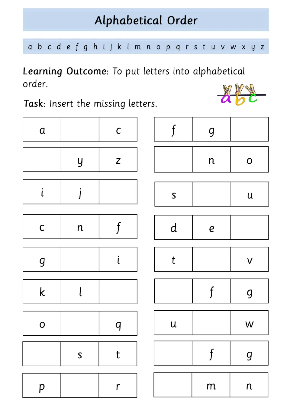 Missing letters in sequence: students fill in the blank letter in 18 three-letter runs such as a _ c, s _ u and k l _