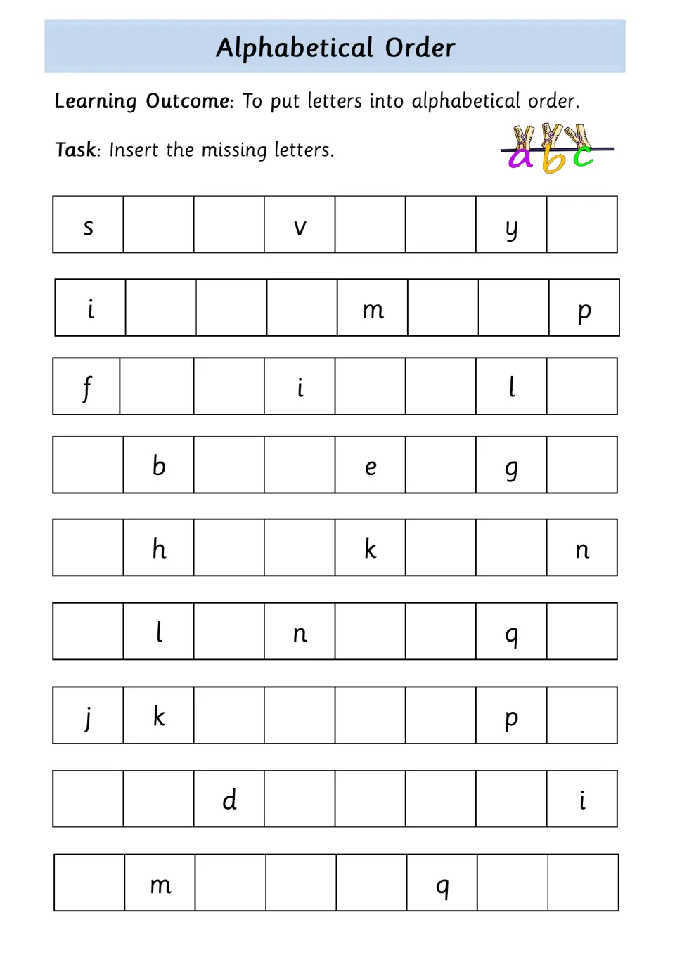 Longer alphabet runs: students fill in missing letters across nine eight-letter strips, such as s _ _ v _ _ y _