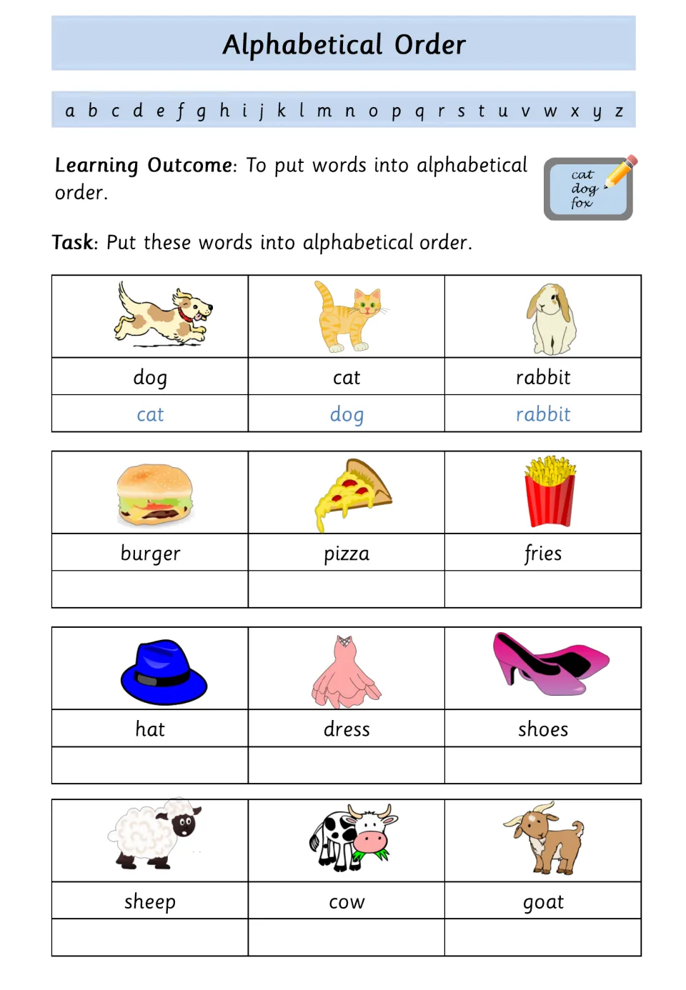 Ordering words by first letter: students rewrite picture word sets like burger, pizza, fries and hat, dress, shoes in order