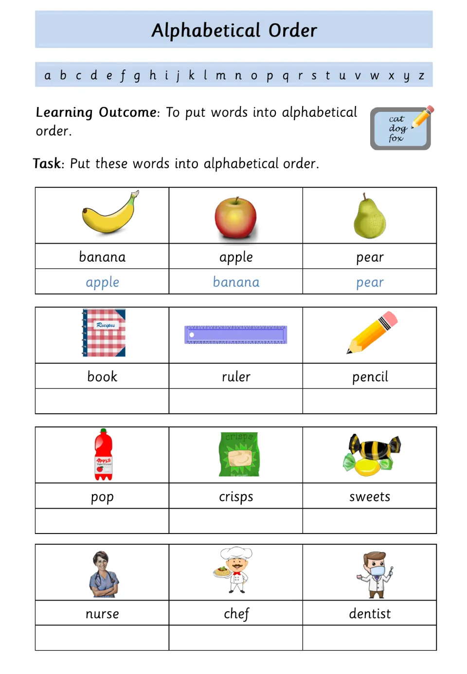 Ordering picture words: book, ruler, pencil; pop, crisps, sweets; nurse, chef, dentist, after an apple, banana, pear example