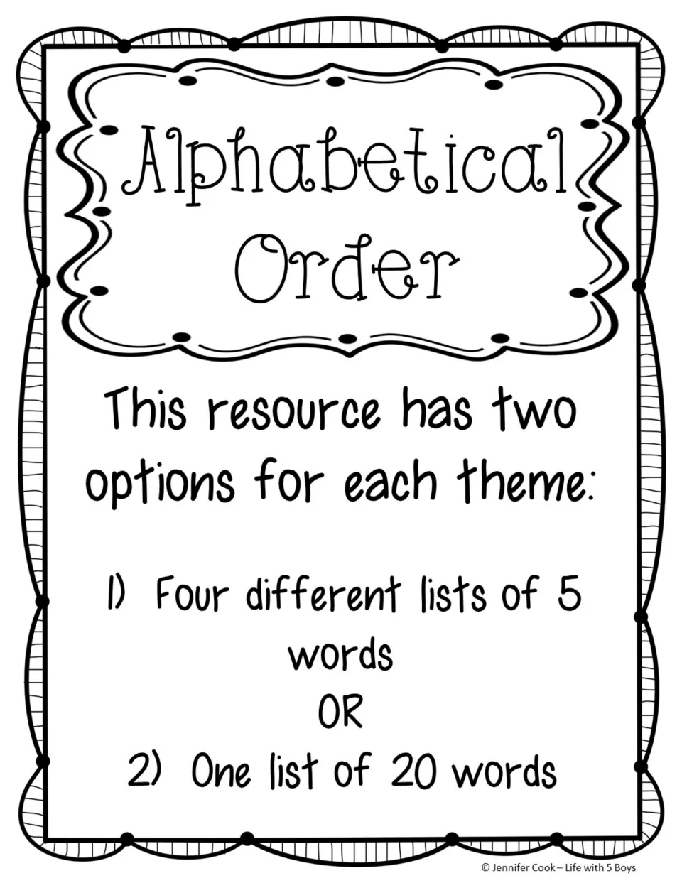 Alphabetical Order cover: explains each theme comes as four 5-word lists or one combined list of 20 words