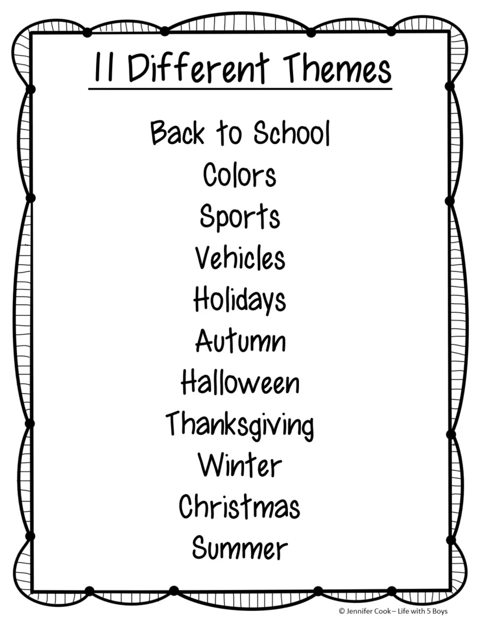 Theme list naming the 11 themes, from Back to School, Colors and Sports to Halloween, Winter, Christmas and Summer