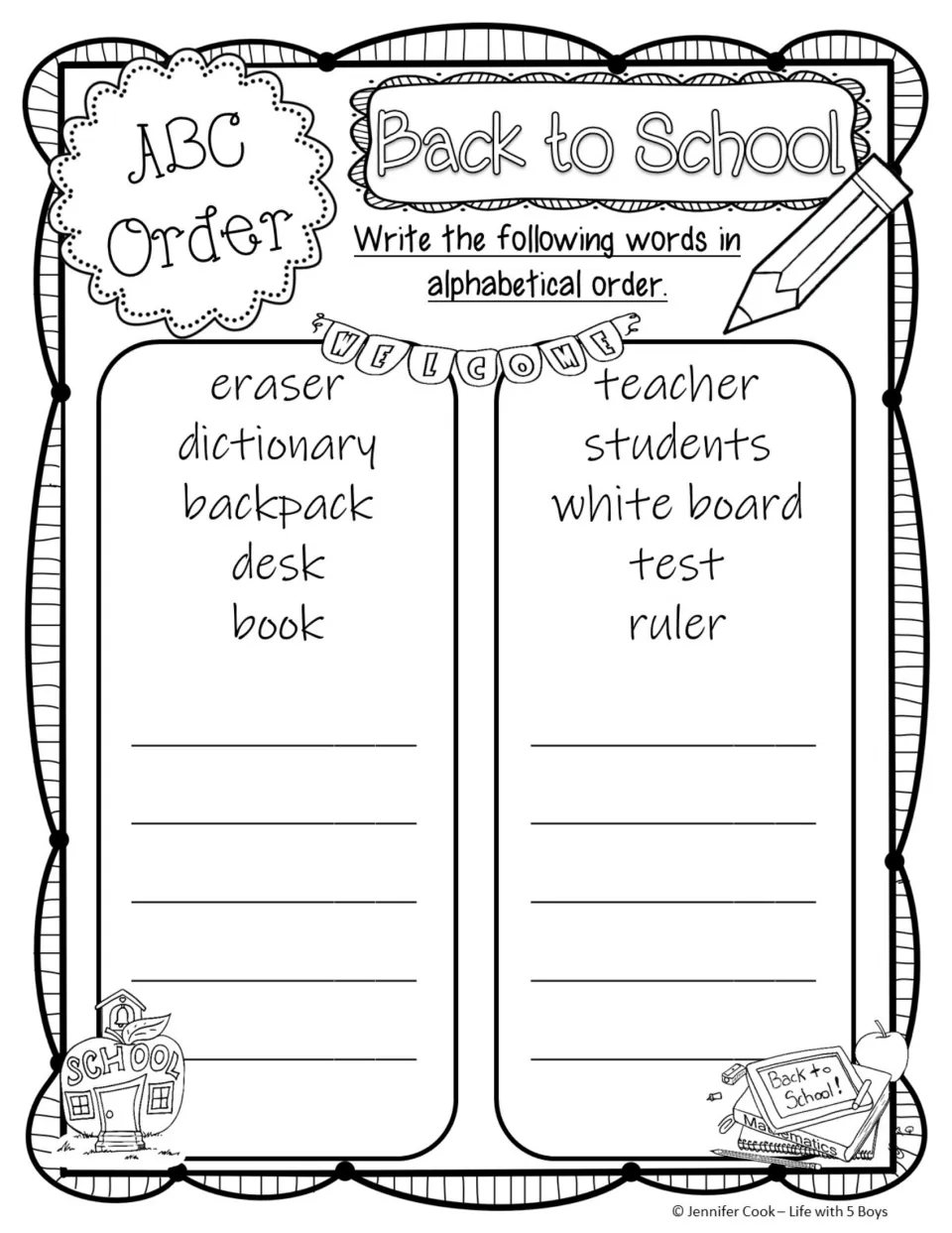 Back to School ABC order: students rewrite two 5-word lists, eraser to book and teacher to ruler, sorted A to Z