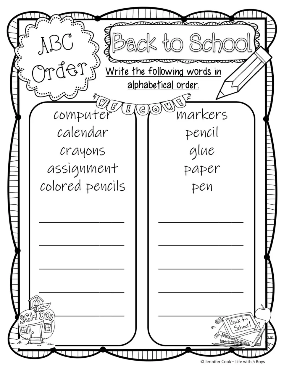 Back to School ABC order: second-letter practice with computer, calendar, crayons, coloured pencils plus a supply list