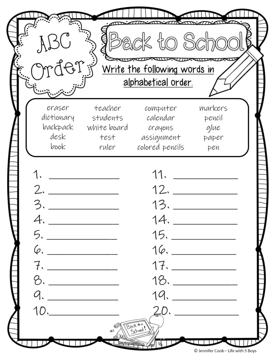 Back to School ABC order: students put all 20 school words, from eraser to pen, into one numbered list from 1 to 20