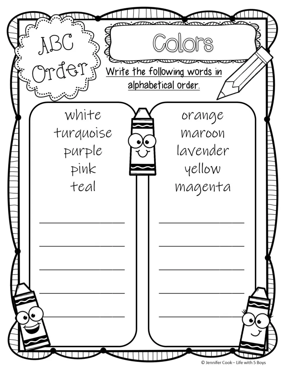 Colors ABC order: students alphabetize white, turquoise, purple, pink, teal and orange, maroon, lavender, yellow, magenta