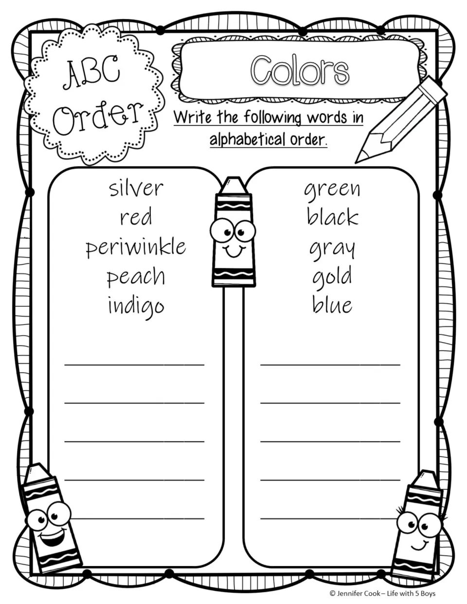 Colors ABC order: students sort silver, red, periwinkle, peach, indigo and green, black, grey, gold, blue into ABC order