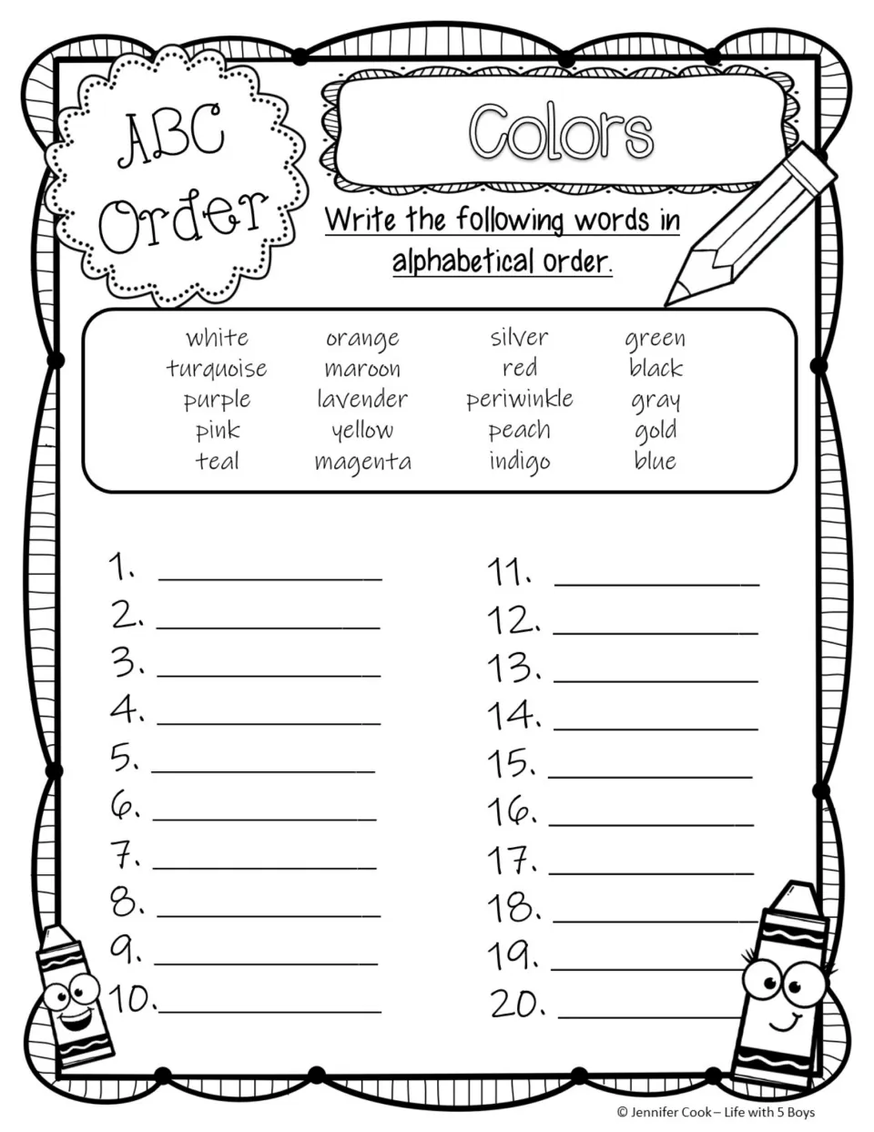 Colors ABC order: students write all 20 colour words, white through blue, in A-to-Z order as a list from 1 to 20