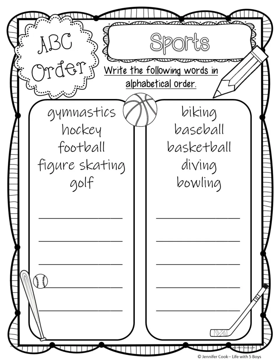 Sports ABC order: students sort two lists, gymnastics to golf and biking to bowling, where most words share first letters