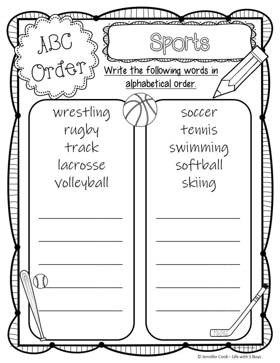Sports ABC order: students alphabetize wrestling to volleyball and soccer to skiing, a list with four words starting with s