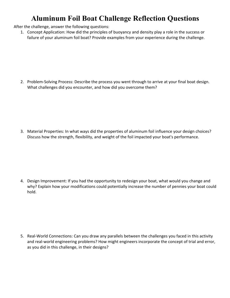 Five boat challenge reflection questions on buoyancy, problem-solving, foil properties, redesign, and engineering.