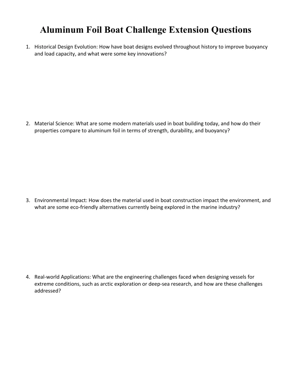 Four boat challenge extension questions on boat history, materials, environmental impact, and extreme conditions.