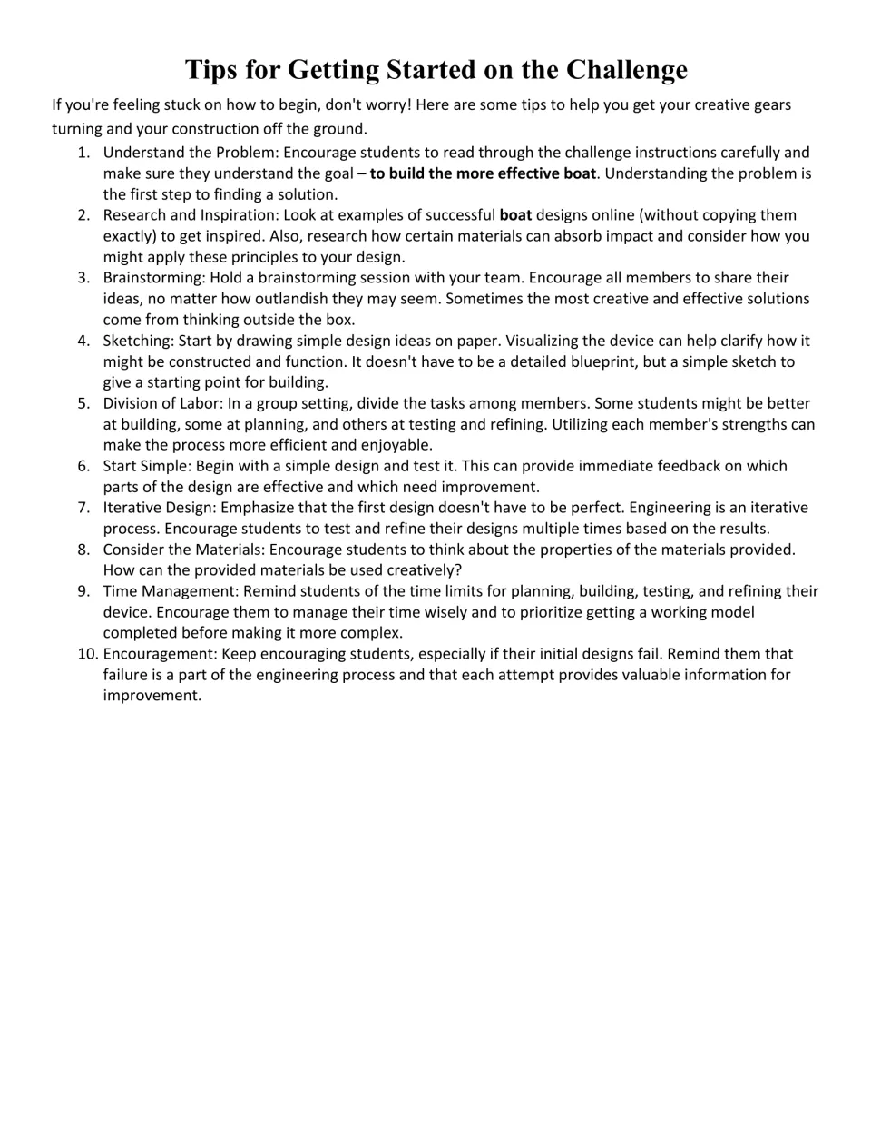 Ten boat challenge tips cover research, brainstorming, sketching, teamwork, testing, refining, and time management.