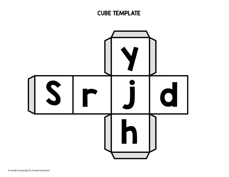 Onset letter cube template: students cut out and fold a die with S, r, j, d, y and h to roll with the am die