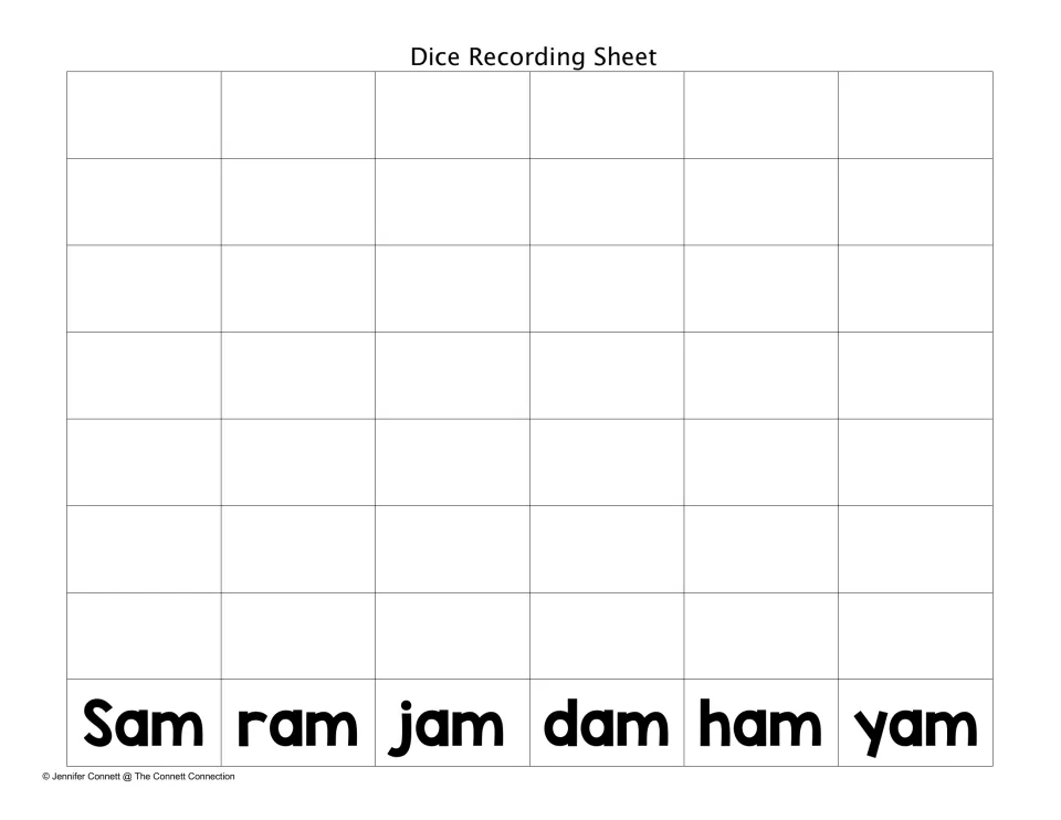 Dice recording sheet for -am words: students write each word they roll in the column for Sam, ram, jam, dam, ham or yam