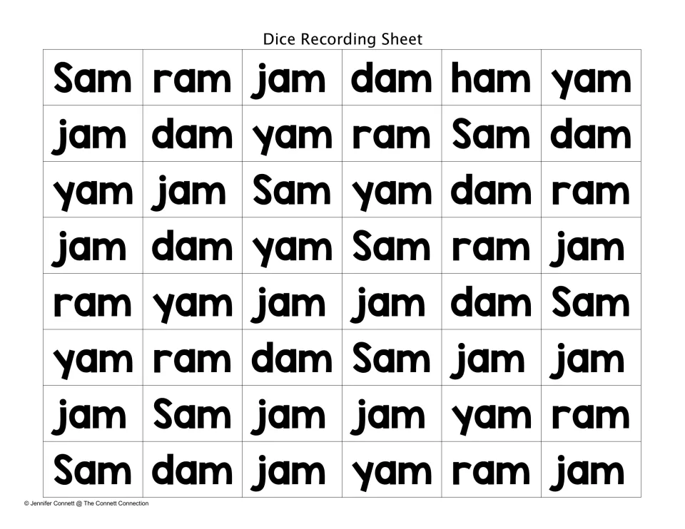 Dice recording sheet filled with printed -am words (Sam, ram, jam, dam, ham, yam) in mixed order for reading CVC words