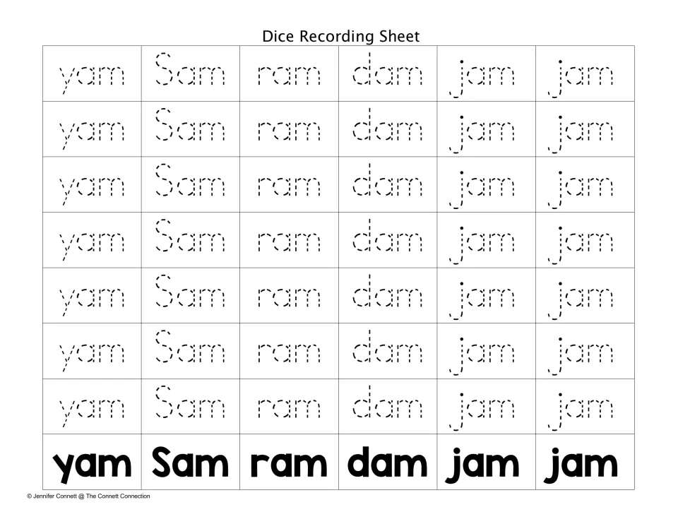 Tracing version of the -am recording sheet: students trace dotted yam, Sam, ram, dam and jam as they roll