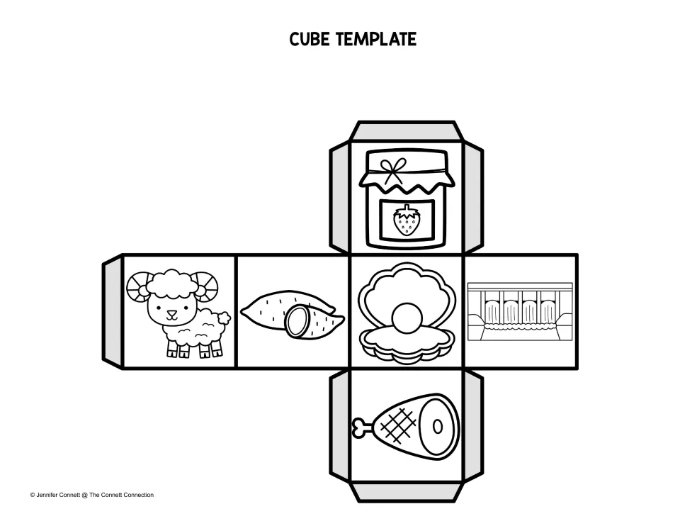 Black-and-white picture cube template with a ram, yam, clam, dam, ham and jar of jam for matching pictures to -am words