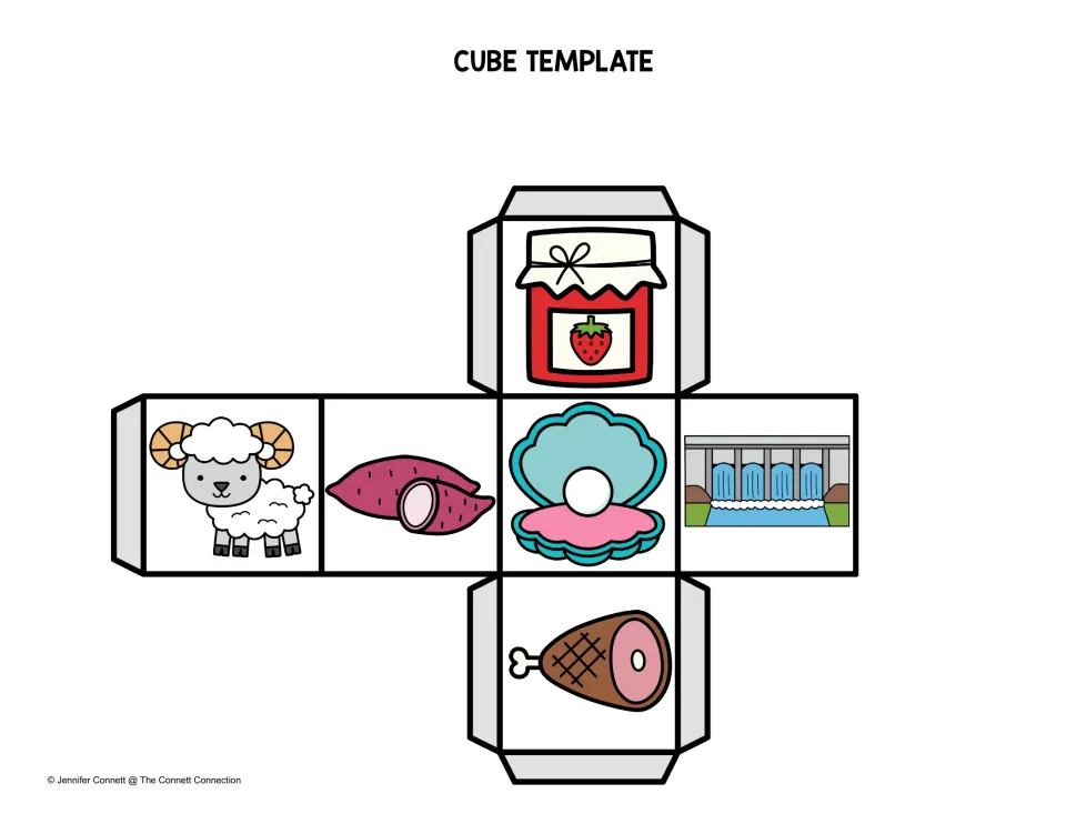 Color picture cube template with a ram, yam, clam, dam, ham and strawberry jam for rolling and naming -am words