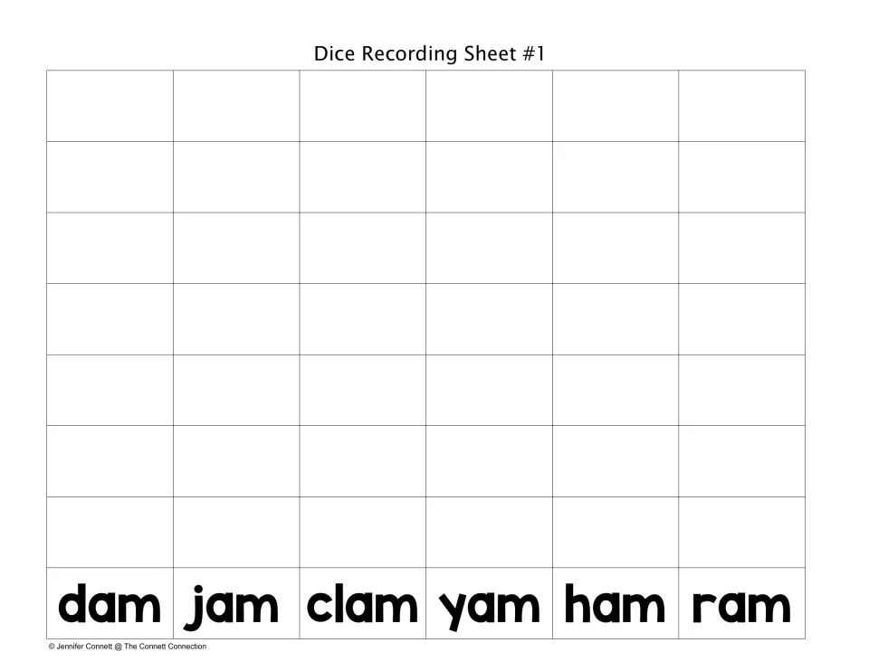 Dice Recording Sheet #1: students roll the picture die and write the matching word under dam, jam, clam, yam, ham or ram