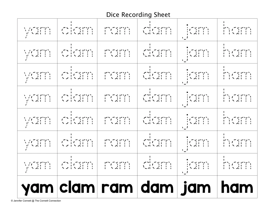 Tracing recording sheet for picture-die rolls: students trace dotted yam, clam, ram, dam, jam and ham in each column