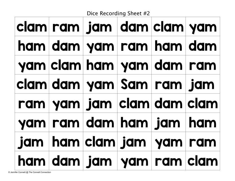 Dice Recording Sheet #2 filled with printed -am words clam, ham, yam, ram, dam, jam and Sam in mixed order to read