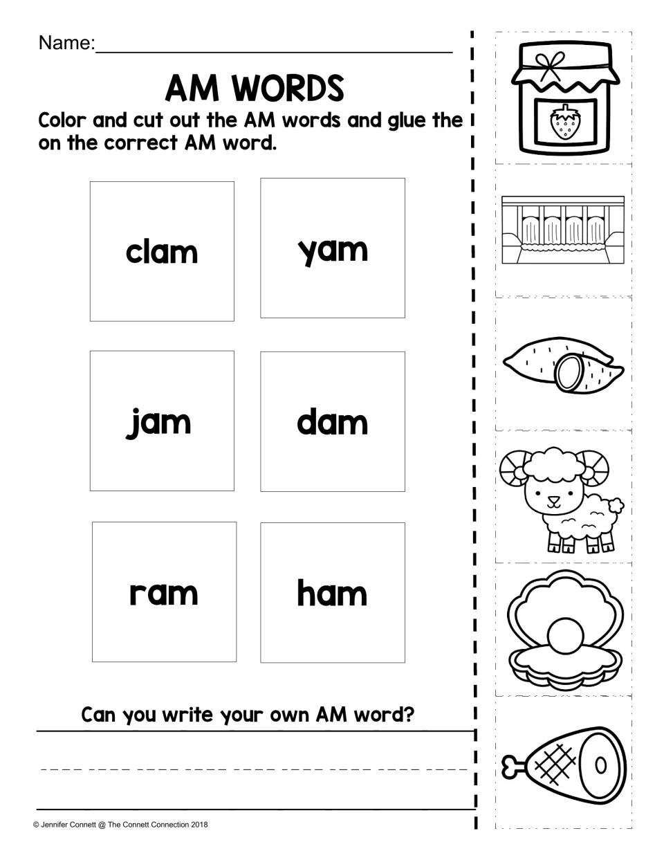 AM words picture match: students cut out pictures, glue each on clam, yam, jam, dam, ram or ham, then write an AM word
