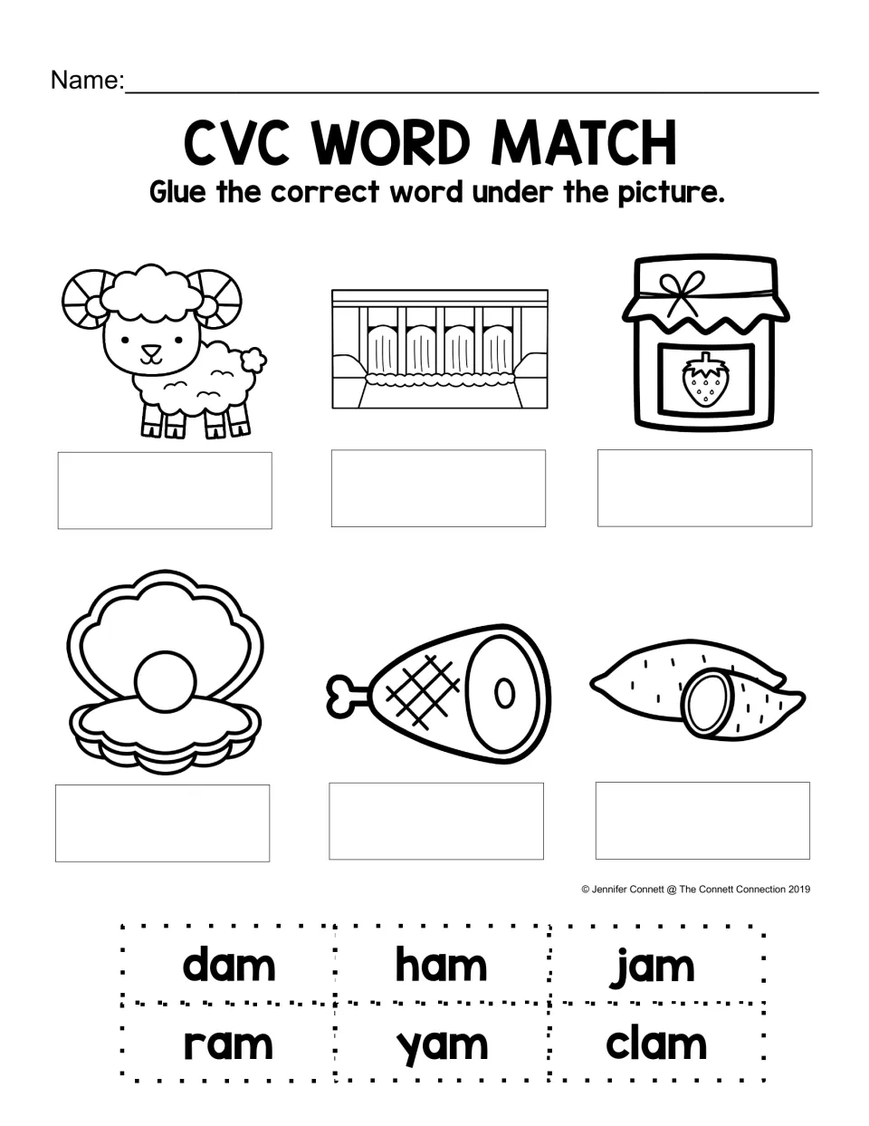 CVC word match: students cut out dam, ham, jam, ram, yam and clam and glue each word under its matching picture