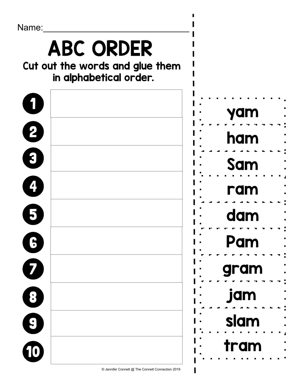 ABC order with -am words: students cut out yam, ham, Sam, ram, dam, Pam, gram, jam, slam and tram and paste them in order