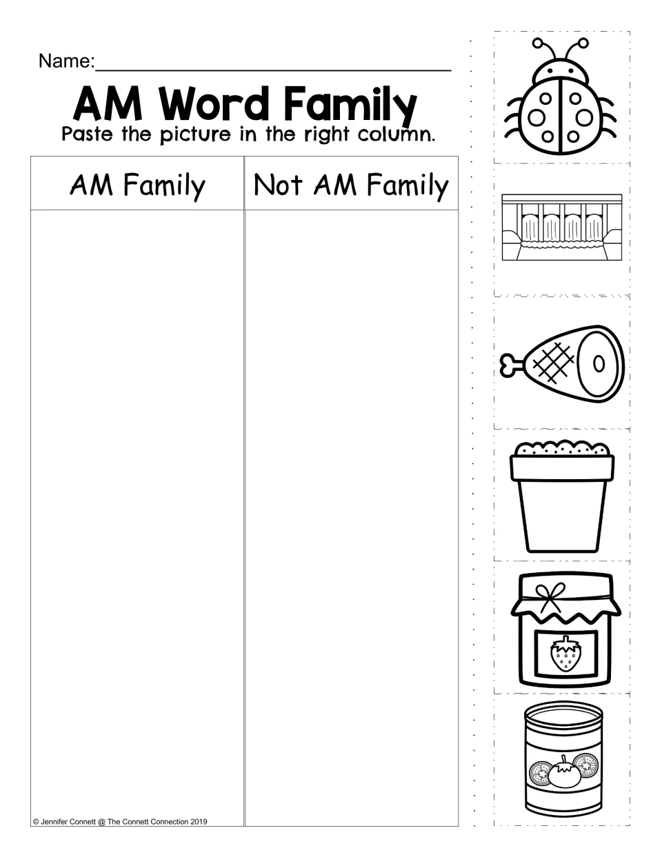 AM family picture sort: students paste ladybug, dam, ham, pot, jam and can pictures under AM Family or Not AM Family